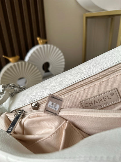 CHANEL 25S SHOULDER BAG 40 IN WHITE CAVIAR WITH SILVER HARDWARE
