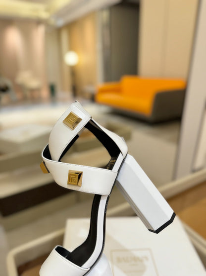 BALMAIN 25S WEDGE HEELS 105MM IN WHITE CALFSKIN GOLD HARDWARE