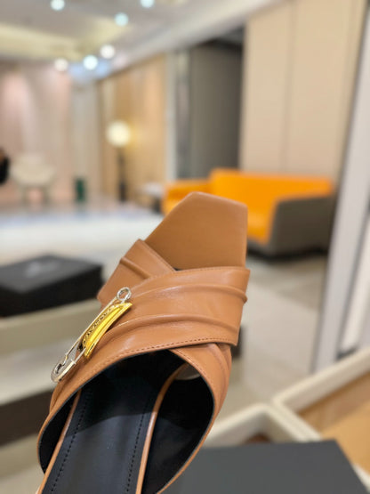 BALMAIN 25S WEDGE HEEL SANDALS 100MM IN BROWN CALFSKIN