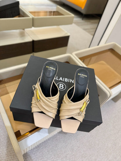BALMAIN 25S HIGH HEEL SANDALS 95MM IN BEIGE CALFSKIN