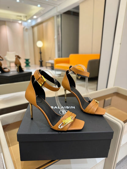 BALMAIN 25S HIGH HEELS 95MM IN BROWN CALFSKIN