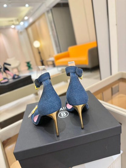 BALMAIN 25S HIGH HEELS 95MM IN BLUE DENIM