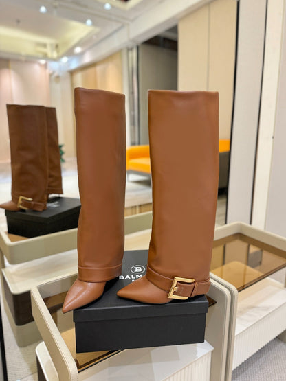 BALMAIN 26S KNEE-HIGH BOOTS 100 MM IN BROWN CALFSKIN