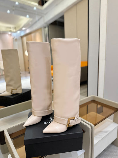 BALMAIN 26S KNEE-HIGH BOOTS 100 MM IN LIGHT BEIGE CALFSKIN