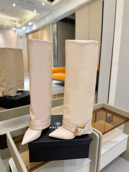 BALMAIN 26S KNEE-HIGH BOOTS 100 MM IN LIGHT BEIGE CALFSKIN