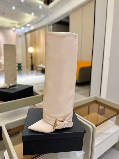 BALMAIN 26S KNEE-HIGH BOOTS 100 MM IN LIGHT BEIGE CALFSKIN