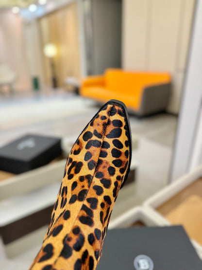 BALMAIN 26S COWBOY ANKLE BOOTS 65 MM IN LEOPARD PRINT PONY HAIR