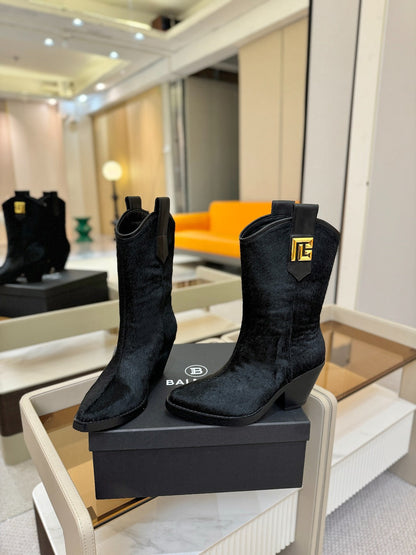 BALMAIN 26S COWBOY ANKLE BOOTS 65 MM IN BLACK PONY HAIR
