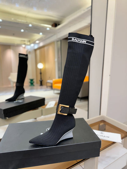 BALMAIN 26S HIGH-TOP BOOTS 75 MM IN BLACK FLYKNIT STYLE 1