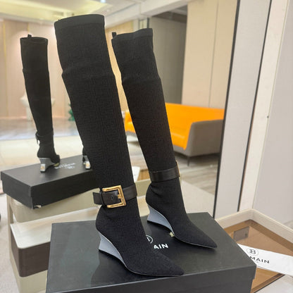 BALMAIN 26S HIGH-TOP BOOTS 75 MM IN BLACK FLYKNIT