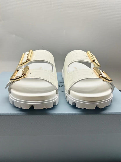 PRADA 26S STRAP SLIDES IN IVORY WHITE CROC EMBOSSED CALFSKIN GOLD HARDWARE