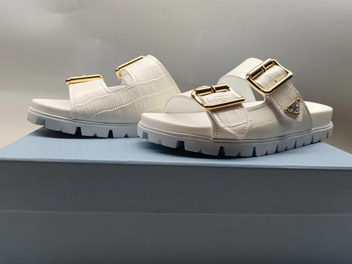 PRADA 26S STRAP SLIDES IN IVORY WHITE CROC EMBOSSED CALFSKIN GOLD HARDWARE
