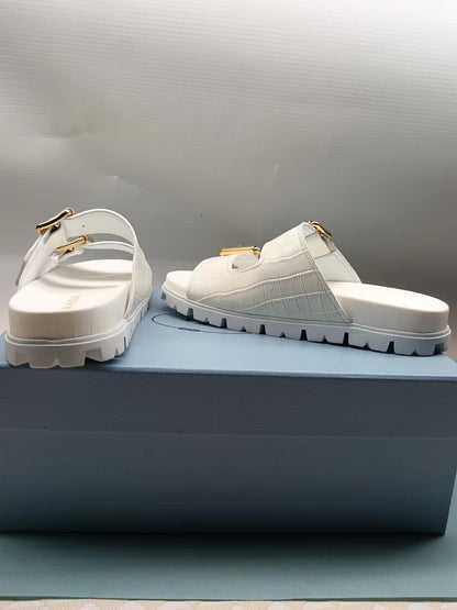 PRADA 26S STRAP SLIDES IN IVORY WHITE CROC EMBOSSED CALFSKIN GOLD HARDWARE