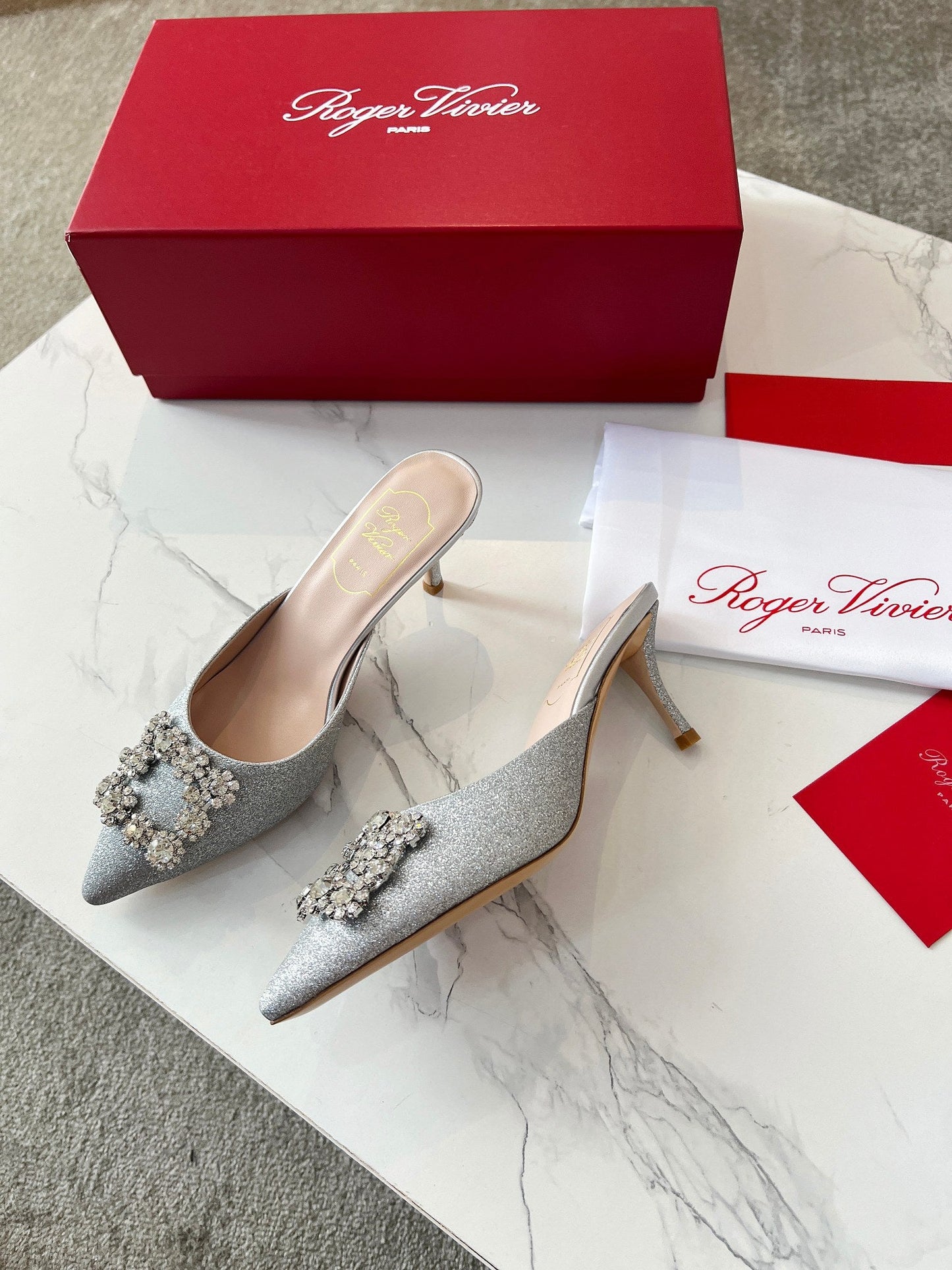 EFFLORESCENCE MULES IN SILVER SATIN EMBELLISHED GLITTER