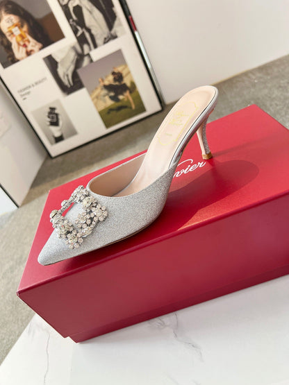 EFFLORESCENCE MULES IN SILVER SATIN EMBELLISHED GLITTER