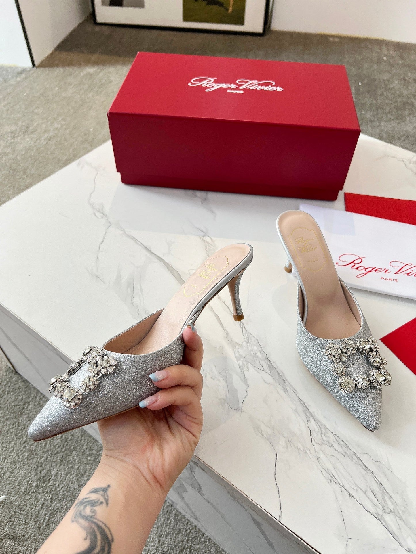 EFFLORESCENCE MULES IN SILVER SATIN EMBELLISHED GLITTER