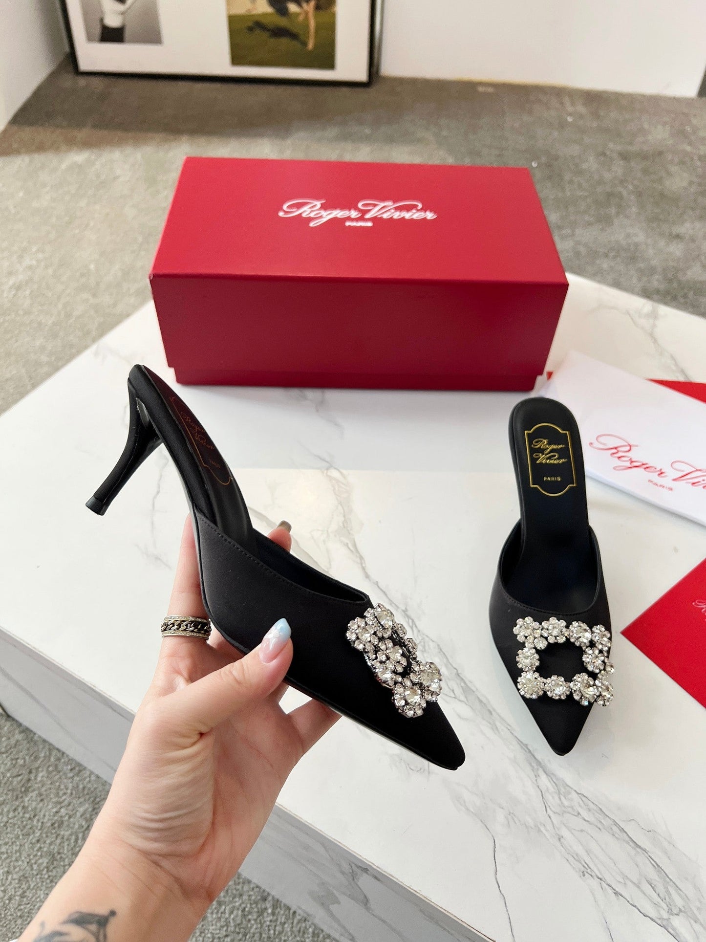 EFFLORESCENCE MULES IN BLACK SATIN