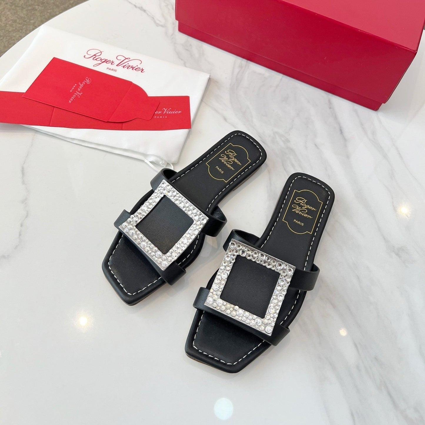 VIV' BY THE SEA MULES IN BLACK CALFSKIN CRYSTAL BUCKLE