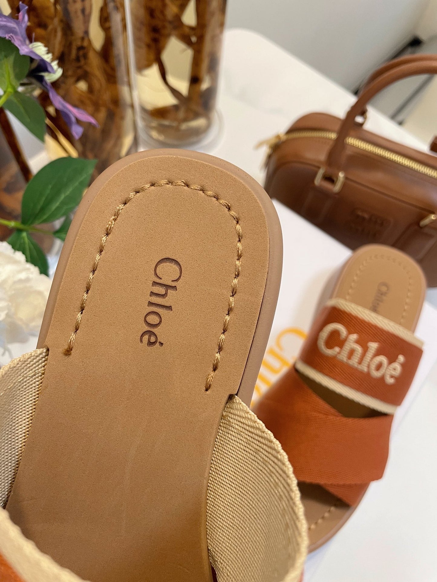 CHLOÉ WOODY WEDGE SANDALS IN BRONZE BROWN CANVAS WITH CIDER BROWN RUBBER SOLE