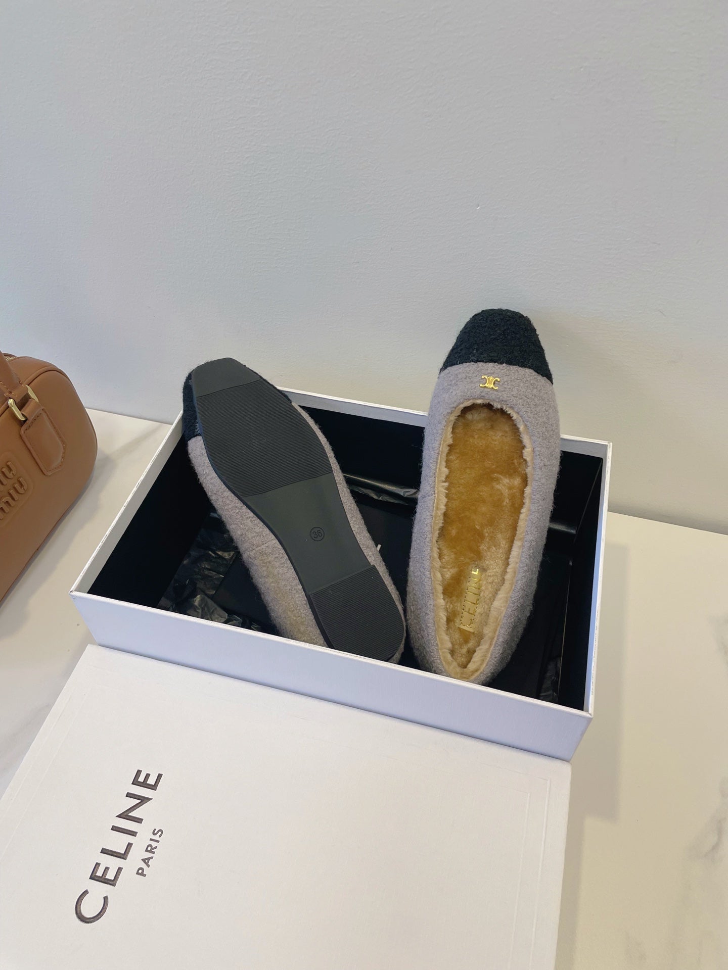 CELINE 26S FLAT SHOES IN GREY AND BLACK WOOL