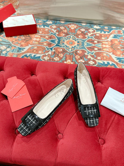 TROMPETTE BALLERINAS IN BLACK TWEED WITH WHITE STRIPES