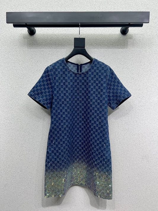 GG Blue Monogram Crystal Embellished Mini Dress
