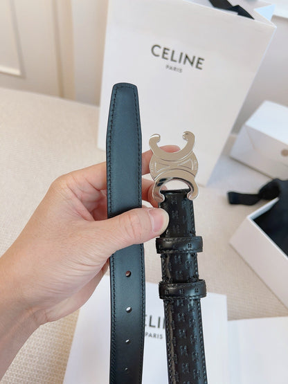 CELINE 25S BELT TRIOMPHE 25MM IN BLACK CALFSKIN DEBOSSED LOGO 563329