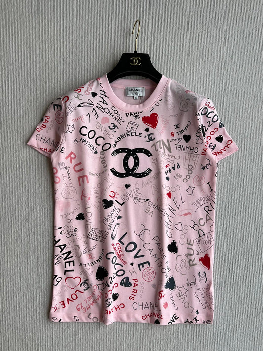 CHANEL PINK LOGO PRINT T-SHIRT