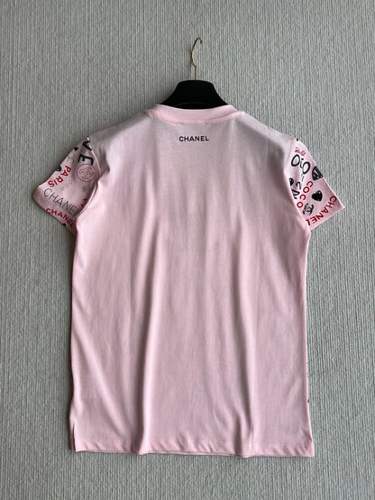 CHANEL PINK LOGO PRINT T-SHIRT