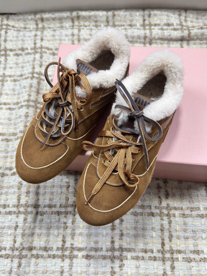 MIUMIU 26S SNEAKERS IN DARK BROWN SUEDE AND SHEARLING