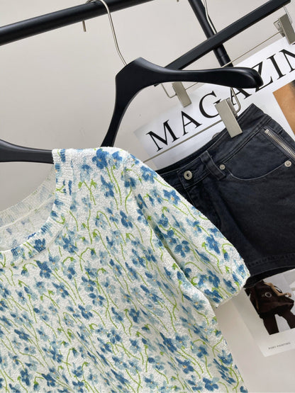 LOEWE SHORT-SLEEVE SWEATER WITH FLORAL KNIT 275922