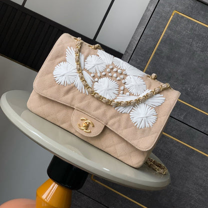 CHANEL 25S CLASSIC FLAP 26 CM IN LIGHT BEIGE CANVAS EMBROIDERED MOTIF WITH GOLD HARDWARE