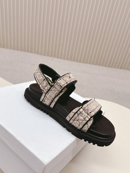 DIOR BACK-STRAP SANDALS 25S IN SOFT ROSE BEIGE TWEED AND BLACK CALFSKIN