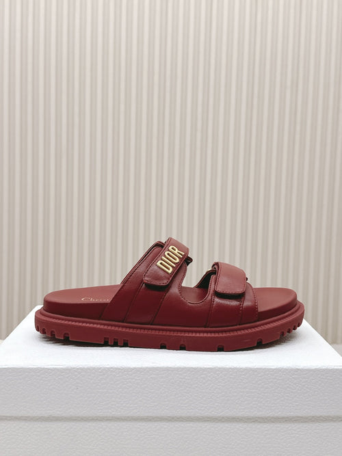 DIOR CLASSIC DOUBLE-STRAP SLIDES 25S IN DARK RED CALFSKIN