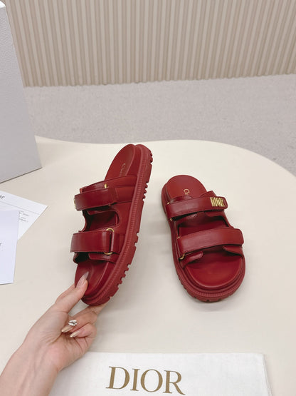 DIOR CLASSIC DOUBLE-STRAP SLIDES 25S IN DARK RED CALFSKIN