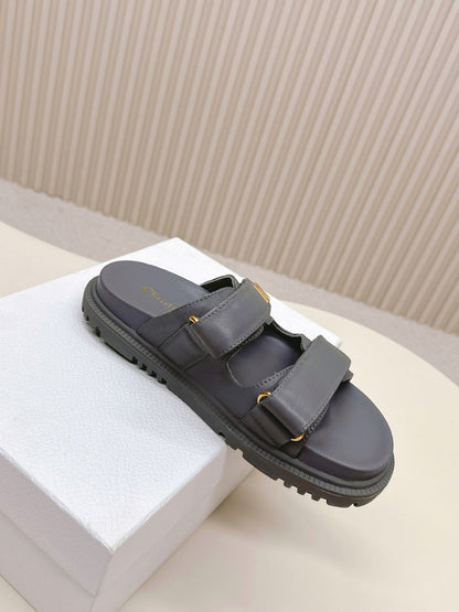 DIOR CLASSIC DOUBLE-STRAP SLIDES 25S IN ASH GRAY CALFSKIN