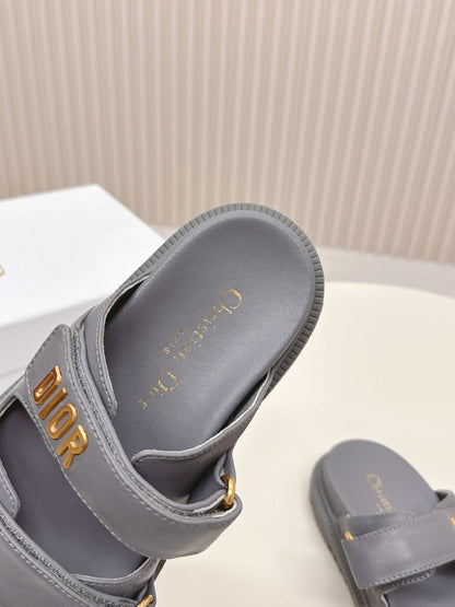 DIOR CLASSIC DOUBLE-STRAP SLIDES 25S IN ASH GRAY CALFSKIN
