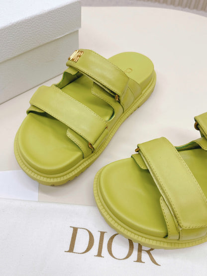 DIOR CLASSIC DOUBLE-STRAP SLIDES 25S IN OLIVE YELLOW CALFSKIN