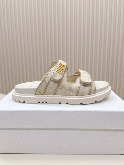 DIOR CLASSIC DOUBLE-STRAP SLIDES 25S IN WHITE MIX BEIGE FABRIC AND CALFSKIN