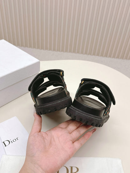DIOR CLASSIC DOUBLE-STRAP SLIDES 25S IN MULTICOLOR FABRIC AND CALFSKIN
