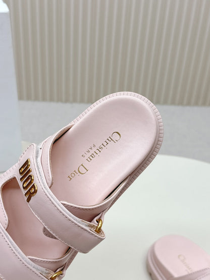 DIOR CLASSIC DOUBLE-STRAP SLIDES 25S IN PASTEL PINK CALFSKIN WITH GOLD HARDWARE