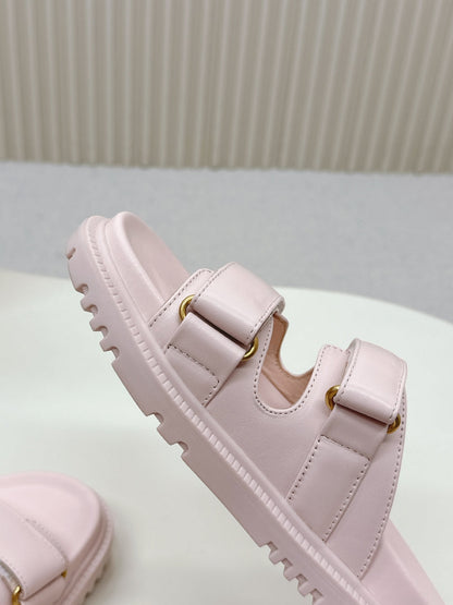 DIOR CLASSIC DOUBLE-STRAP SLIDES 25S IN PASTEL PINK CALFSKIN WITH GOLD HARDWARE