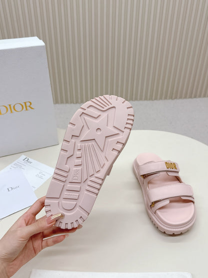DIOR CLASSIC DOUBLE-STRAP SLIDES 25S IN PASTEL PINK CALFSKIN WITH GOLD HARDWARE