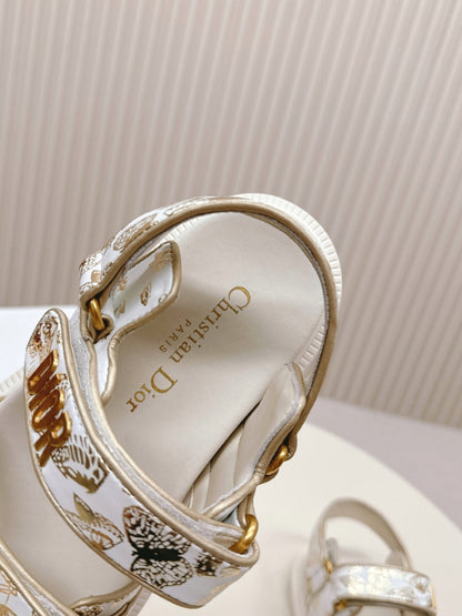 DIOR BACK-STRAP SANDALS 25S IN CREAM WHITE AND GOLD CALFSKIN WITH BUTTERFLY MOTIF