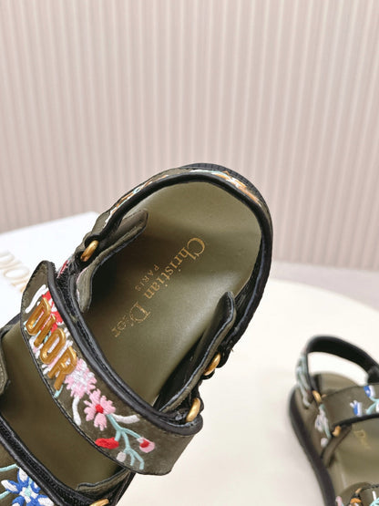 DIOR BACK-STRAP SANDALS 25S IN MOSS GREEN CALFSKIN EMBROIDERED WITH PETITES FLEURS