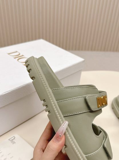 DIOR CLASSIC DOUBLE-STRAP SLIDES 25S IN LIGHT MOSS GREEN CALFSKIN