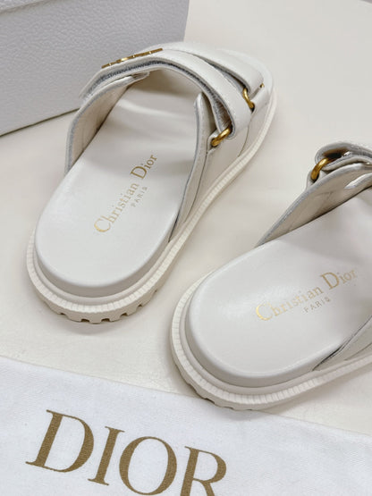 DIOR CLASSIC DOUBLE-STRAP SLIDES 25S IN CREAM WHITE CALFSKIN