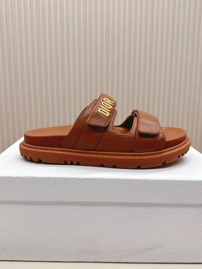 DIOR CLASSIC DOUBLE-STRAP SLIDES 25S IN BROWN CALFSKIN