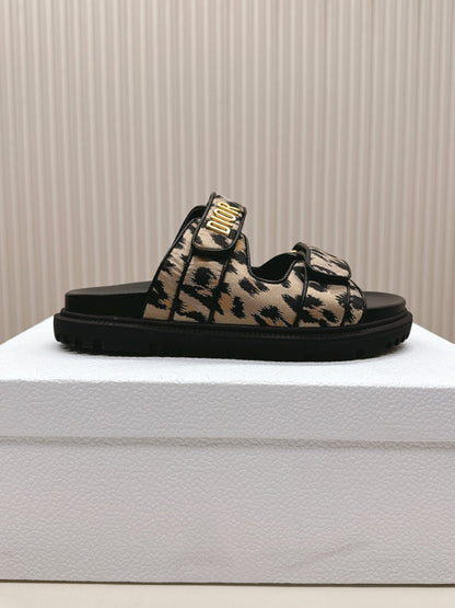 DIOR CLASSIC DOUBLE-STRAP SLIDES 25S IN BROWN MIX BLACK FABRIC AND CALFSKIN WITH LEOPARD PRINT