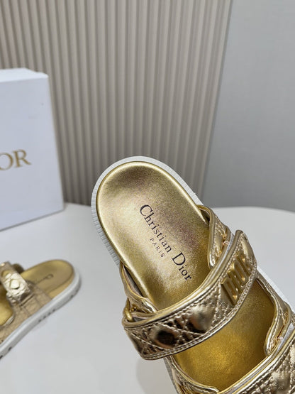 DIOR CLASSIC DOUBLE-STRAP SLIDES 25S IN GOLD CALFSKIN